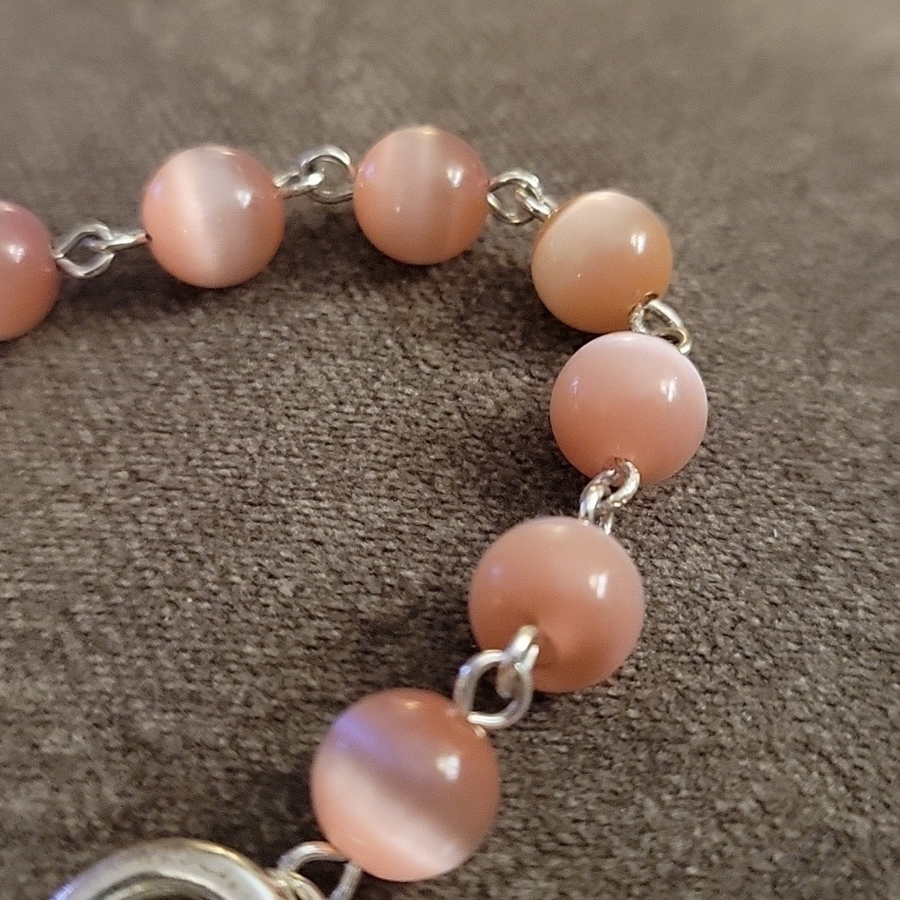Handmade Barbie Pink Cat's Eye Beaded Chain Heart Charm Toggle Tennis Bracelet - Picture 5 of 7